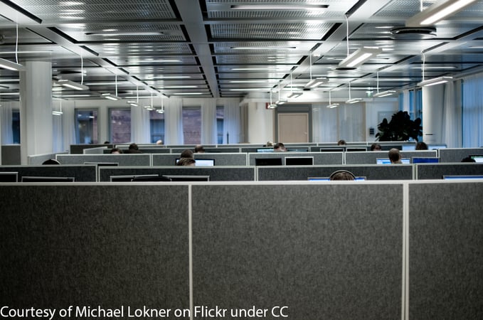 Office filled with employees working at cubicles